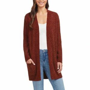 Matty M LIKE NEW burgundy rust open front long line pocket chenille cardigan